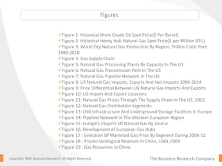 The Business Research CompanyCopyright TBRC Business Research. All Rights Reserved.
Figure 1: Historical Brent Crude Oil Spot Price($ Per Barrel)
Figure 2: Historical Henry Hub Natural Gas Spot Price($ per Million BTU)
Figure 3: World Dry Natural Gas Production By Region, Trillion Cubic Feet
1980-2010
Figure 4: Gas Supply Chain
Figure 5: Natural Gas Processing Plants By Capacity In The US
Figure 6: Natural Gas Transmission Path In The US
Figure 7: Natural Gas Pipeline Network In The US
Figure 8: US Natural Gas Imports, Exports And Net Imports 1996-2014
Figure 9: Price Differential Between US Natural Gas Imports And Exports
Figure 10: US Import And Export Locations
Figure 11: Natural Gas Prices Through The Supply Chain In The US, 2012
Figure 12: Natural Gas Distribution Segments
Figure 13: LNG Infrastructure And Underground Storage Facilities In Europe
Figure 14: Pipeline Network In The Western European Region
Figure 15: Europe’s Imports Of Natural Gas By Source
Figure 16: Development of European Gas Hubs
Figure 17 : Evolution Of Marketed Gas Price By Segment During 2008-12
Figure 18 : Proven Geological Reserves In China, 1961-2009
Figure 19 : Gas Resources In China
Figures
 