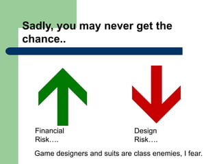 Sadly, you may never get the
chance..
Financial
Risk….
Design
Risk….
Game designers and suits are class enemies, I fear.
 