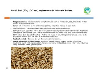 Fossil Fuel (FO / LDO etc.) replacement in Industrial Boilers

•
•

Boilers will be modified to run on Biomass pellets / briquettes instead of fossil fuels.

•

Dual fuel option - client can always switch to fossil fuels whenever required.

•

BOO (Build Own Operate) – Opex-based solution where our partner will invest in Plant & Machinery,
Operation & Maintenance, take care of biomass sourcing etc. Client only pays for steam generated.

•

BOOT (Build Own Operate Transfer) – Partner will invest in & run the plant for a fixed period at the
end of which client buys the plant at a pre-determined rate.

•

Payback period – Between 1-3 yrs depending on site location.

•

12

Target audience: Industrial clients using fossil fuels such as Furnace Oil, LDO, Diesel etc. in their
Boilers for steam generation.

Target industries / applications: Aluminum melting, biscuit making furnace, metal heat
treatment, crumb rubber preparation, hot air generators, fluidized bed driers, rotary kiln, industries
using Boilers for steam generation etc.

 