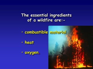 The essential ingredients
of a wildfire are:-
• combustible material
• heat
• oxygen.
 