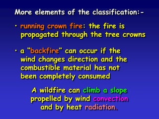 More elements of the classification:-
• running crown fire: the fire is
propagated through the tree crowns
• a “backfire” can occur if the
wind changes direction and the
combustible material has not
been completely consumed
A wildfire can climb a slope
propelled by wind convection
and by heat radiation.
 