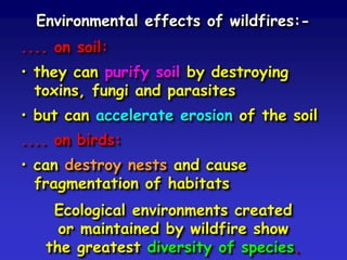 .... on soil:
• they can purify soil by destroying
toxins, fungi and parasites
• but can accelerate erosion of the soil
.... on birds:
• can destroy nests and cause
fragmentation of habitats
Ecological environments created
or maintained by wildfire show
the greatest diversity of species.
Environmental effects of wildfires:-
 
