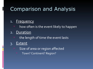 Comparison and Analysis Frequency how often is the event likely to happen Duration the length of time the event lasts Extent Size of area or region affected Town? Continent? Region? 