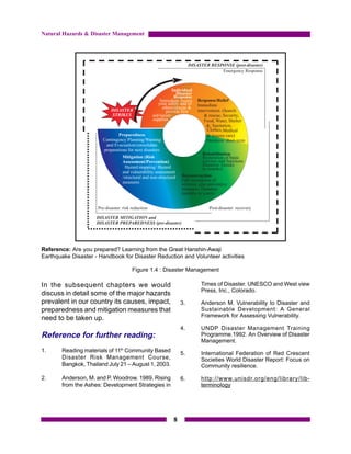 Natural Hazards & Disaster Management




Reference: Are you prepared? Learning from the Great Hanshin-Awaji
Earthquake Disaster - Handbook for Disaster Reduction and Volunteer activities

                                  Figure 1.4 : Disaster Management

In the subsequent chapters we would                           Times of Disaster. UNESCO and West view
                                                              Press, Inc., Colorado.
discuss in detail some of the major hazards
prevalent in our country its causes, impact,             3.   Anderson M. Vulnerability to Disaster and
preparedness and mitigation measures that                     Sustainable Development: A General
need to be taken up.                                          Framework for Assessing Vulnerability.

                                                         4.   UNDP Disaster Management Training
Reference for further reading:                                Programme.1992. An Overview of Disaster
                                                              Management.
1.     Reading materials of 11th Community Based
                                                         5.   International Federation of Red Crescent
       Disaster Risk Management Course,                       Societies World Disaster Report: Focus on
       Bangkok, Thailand July 21 – August 1, 2003.            Community resilience.

2.     Anderson, M. and P. Woodrow. 1989. Rising         6.   http://www.unisdr.org/eng/library/lib-
       from the Ashes: Development Strategies in              terminology




                                                     8
 