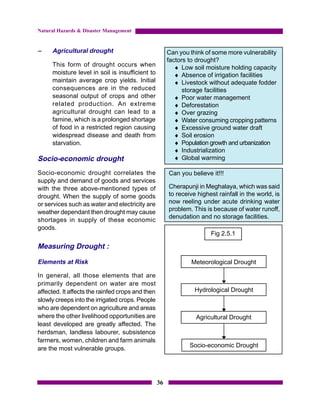 Natural Hazards & Disaster Management


–    Agricultural drought                              Can you think of some more vulnerability
                                                       factors to drought?
     This form of drought occurs when                     ♦ Low soil moisture holding capacity
     moisture level in soil is insufficient to            ♦ Absence of irrigation facilities
     maintain average crop yields. Initial                ♦ Livestock without adequate fodder
     consequences are in the reduced                         storage facilities
     seasonal output of crops and other                   ♦ Poor water management
     related production. An extreme                       ♦ Deforestation
     agricultural drought can lead to a                   ♦ Over grazing
     famine, which is a prolonged shortage                ♦ Water consuming cropping patterns
     of food in a restricted region causing               ♦ Excessive ground water draft
     widespread disease and death from                    ♦ Soil erosion
     starvation.                                          ♦ Population growth and urbanization
                                                          ♦ Industrialization
Socio-economic drought                                    ♦ Global warming

Socio-economic drought correlates the                  Can you believe it!!!
supply and demand of goods and services
with the three above-mentioned types of                Cherapunji in Meghalaya, which was said
drought. When the supply of some goods                 to receive highest rainfall in the world, is
or services such as water and electricity are          now reeling under acute drinking water
weather dependant then drought may cause               problem. This is because of water runoff,
                                                       denudation and no storage facilities.
shortages in supply of these economic
goods.
                                                                       Fig 2.5.1

Measuring Drought :

Elements at Risk                                               Meteorological Drought

In general, all those elements that are
primarily dependent on water are most
affected. It affects the rainfed crops and then                  Hydrological Drought
slowly creeps into the irrigated crops. People
who are dependent on agriculture and areas
where the other livelihood opportunities are                     Agricultural Drought
least developed are greatly affected. The
herdsman, landless labourer, subsistence
farmers, women, children and farm animals
are the most vulnerable groups.                                Socio-economic Drought




                                                  36
 