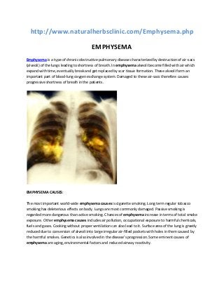 http://www.naturalherbsclinic.com/Emphysema.php
EMPHYSEMA
Emphysema is a type of chronic obstructive pulmonary disease characterized by destruction of air-sacs
(alveoli) of the lungs leading to shortness of breath. In emphysema alveoli become filled with air which
expand with time, eventually break and get replaced by scar tissue formation. These alveoli form an
important part of blood-lung oxygen exchange system. Damaged to these air-sacs therefore causes
progressive shortness of breath in the patients.

EMPHYSEMA CAUSES:
The most important world-wide emphysema causes is cigarette smoking. Long term regular tobacco
smoking has deleterious effects on body. Lungs are most commonly damaged. Passive smoking is
regarded more dangerous than active smoking. Chances of emphysema increase in terms of total smoke
exposure. Other emphysema causes includes air pollution, occupational exposure to harmful chemicals,
fuels and gases. Cooking without proper ventilation can also lead to it. Surface area of the lung is greatly
reduced due to conversion of alveoli into large irregular air-filled pockets with holes in them caused by
the harmful smokes. Genetics is also involved in the disease’s progression. Some eminent causes of
emphysema are aging, environmental factors and reduced airway reactivity.

 