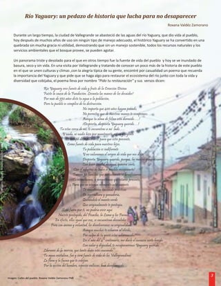 Río Yaguary: un pedazo de historia que lucha para no desaparecer
                                                                                                                                                                     Roxana Valdéz Zamorano

                                            Durante un largo tiempo, la ciudad de Vallegrande se abasteció de las aguas del río Yaguary, que dio vida al pueblo,
                                            hoy después de muchos años de uso sin ningún tipo de manejo adecuado, el histórico Yaguary se ha convertido en una
                                            quebrada sin mucha gracia ni utilidad, demostrando que sin un manejo sostenible, todos los recursos naturales y los
                                            servicios ambientales que el bosque provee, se pueden agotar.

                                            Un panorama triste y desolado para el que en otros tiempo fue la fuente de vida del pueblo y hoy se ve inundado de
                                            basura, seco y sin vida. En una visita por Vallegrande y tratando de conocer un poco más de la historia de este pueblo
                                            en el que se unen culturas y climas ,con la alegría típica de su gente, encontré por casualidad un poema que recuerda
                                            la importancia del Yaguary y que pide que se haga algo para restaurar el ecosistema del río junto con toda la vida y
                                            diversidad que cobijaba, el poema lleva por nombre “Pido tu restauración” y sus versos dicen:
                                                                    Río Yaguary eres fuente de vida y fruto de la Creación Divina
                                                                    Fuiste la causa de la Fundación. Levanta las manos de los decaídos!
                                                                    Por más de 350 años diste tu agua a la población,
                                                                    Pero tu pueblo es cómplice de tu destrucción.
                                                                                                    No importa que 400 años hayan pasado,
                                                                                                    No permitas que de nuestras manos te escapemos;
                                                                                                    Aunque tu alma de felino está dormido….!
                                                                                                    ¡Despierta, despierta Yaguary querido…!
                                                                                 Tu estas cerca de mi; te encuentras a mi lado….
                                                                                   Y nada, ni nadie hizo por mantenerte activo y vigente
                                                                                     Es tiempo de restaurarte, para que estés presente,
                                                                                      Como fuente de vida para nuestros hijos.
Imagen: Yaguary. Máximo García C. FNB




                                                                                                    Tu población es indiferente
                                                                                                    Y no valoramos el origen de vida que nos diste.
                                                                                                    Despierta Yaguary querido, porque, las nuevas generaciones
                                                                                                    Con buen caudal de agua, quieren verte.
                                                                                           ¡Con el esfuerzo de todos es posible recuperarte!
                                                                                           Fueron 30 familias que inicialmente se beneficiaron
                                                                                           Te necesitamos, y prometemos que estarás presente,
                                                                                           Para que en ningún momento estés ausente.
                                                                                                    Te sometieron haciendo prácticas
                                                                                                    De agricultura y ganadería,
                                                                                                    Quitándole el manto verde
                                                                                                    Que originalmente te protegía.
                                                                                  Si no fuera por ti, no podría vivir aquí
                                                                                Naciste protegido, del Picacho, la Loma y los Paraus.
                                                                             En efecto, ellos igual que voz, se encuentran desvalidos
                                                                          Pero con ánimo y voluntad, les devolveremos su originalidad.
                                                                                                    Aunque muchos te echaron al olvido,
                                                                                                    Por culpa de tu gente estas adormecido.
                                                                                                    En el año del 4º centenario, me duele el corazón verte herido.
                                                                                                    Con valor y dignidad, te recuperaremos Yaguary querido
                                                                    Líbranos de la inercia, que tanto daño está causando.
                                                                    Tu agua cristalina, fue y será fuente de vida de los Vallegrandinos
                                                                    La flora y la fauna que te cobijan.
                                                                    Por la acción del hombre, especies valiosas, han desaparecido.

                                                                                                                                                                                              3
                                        Imagen: Calles del pueblo. Roxana Valdéz Zamorano FNB
 