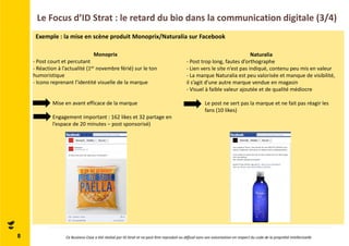 8 
Le Focus d’ID Strat : le retard du bio dans la communication digitale (3/4) 
Exemple : la mise en scène produit Monoprix/Naturalia sur Facebook 
Monoprix 
- Post court et percutant 
- Réaction à l’actualité (1er novembre férié) sur le ton 
humoristique 
- Icono reprenant l’identité visuelle de la marque 
Mise en avant efficace de la marque 
Engagement important : 162 likes et 32 partage en 
l’espace de 20 minutes – post sponsorisé) 
Naturalia 
- Post trop long, fautes d’orthographe 
- Lien vers le site n’est pas indiqué, contenu peu mis en valeur 
- La marque Naturalia est peu valorisée et manque de visibilité, 
il s’agit d’une autre marque vendue en magasin 
- Visuel à faible valeur ajoutée et de qualité médiocre 
Le post ne sert pas la marque et ne fait pas réagir les 
fans (10 likes) 
Ce Business Case a été réalisé par ID Strat et ne peut être reproduit ou diffusé sans son autorisation en respect du code de la propriété intellectuelle 
 
