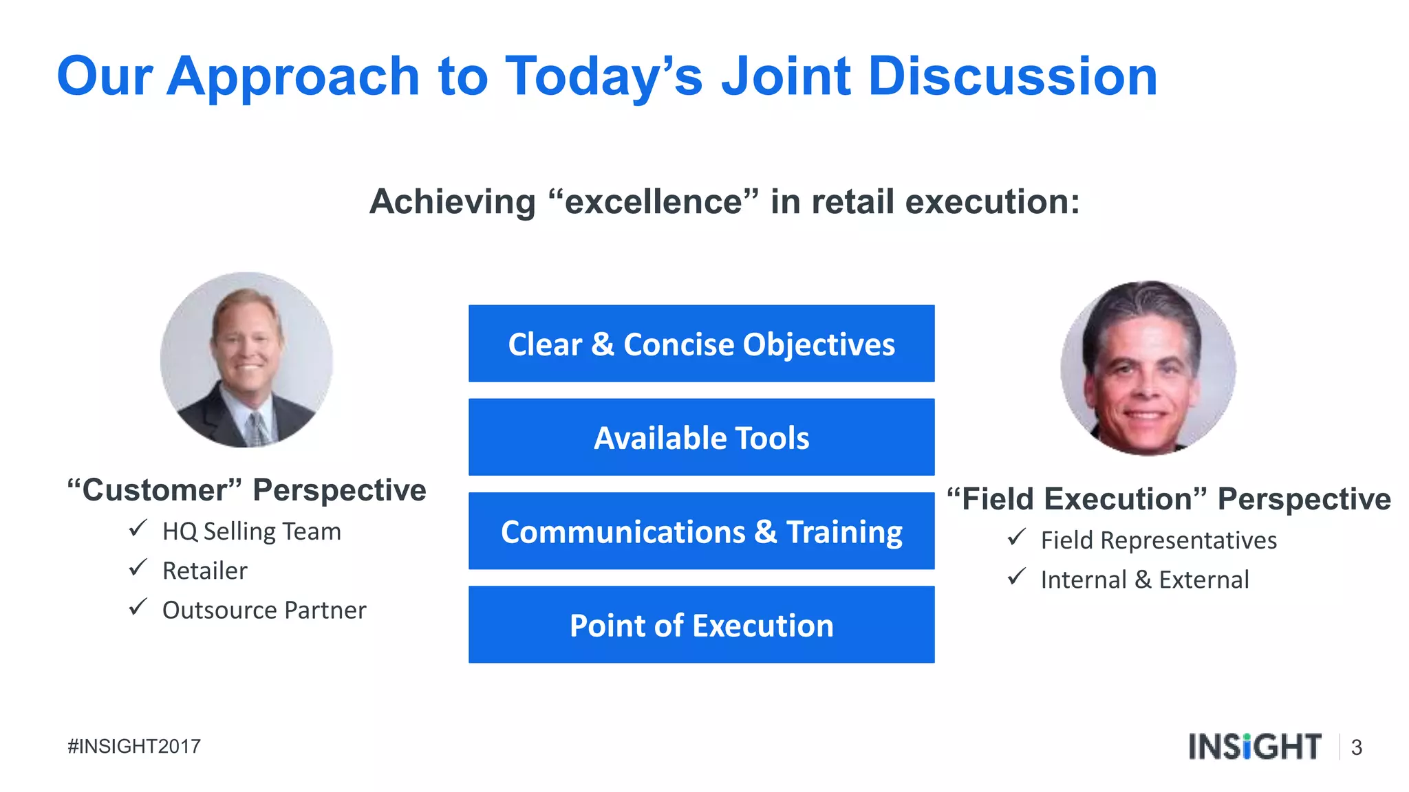 3#INSIGHT2017
Our Approach to Today’s Joint Discussion
Clear & Concise Objectives
Available Tools
Communications & Training
Point of Execution
“Customer” Perspective
 HQ Selling Team
 Retailer
 Outsource Partner
“Field Execution” Perspective
 Field Representatives
 Internal & External
Achieving “excellence” in retail execution:
 