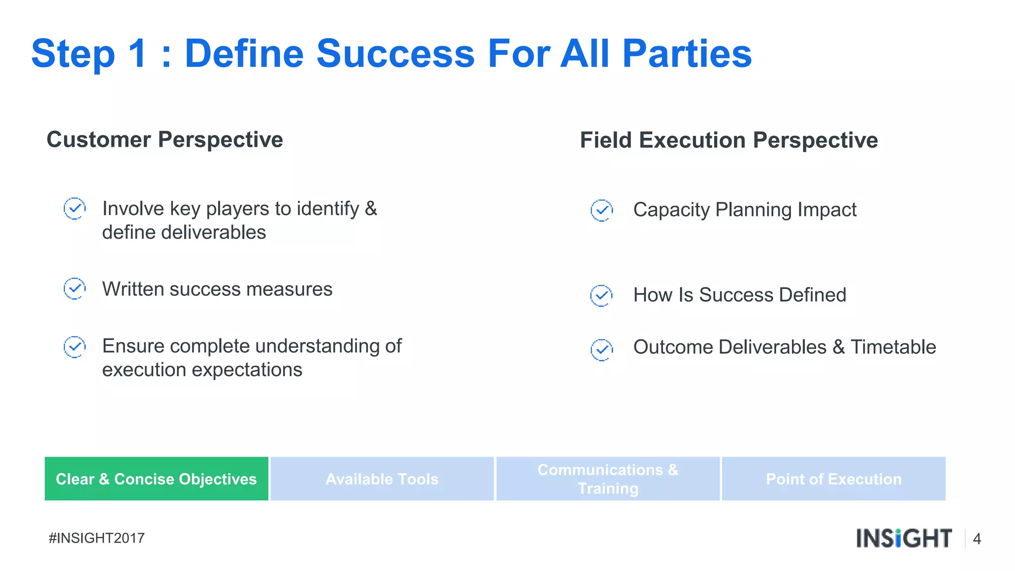 4#INSIGHT2017
Step 1 : Define Success For All Parties
Customer Perspective Field Execution Perspective
Point of Execution
Involve key players to identify &
define deliverables
Written success measures
Ensure complete understanding of
execution expectations
Capacity Planning Impact
How Is Success Defined
Outcome Deliverables & Timetable
Clear & Concise Objectives Available Tools
Communications &
Training
 