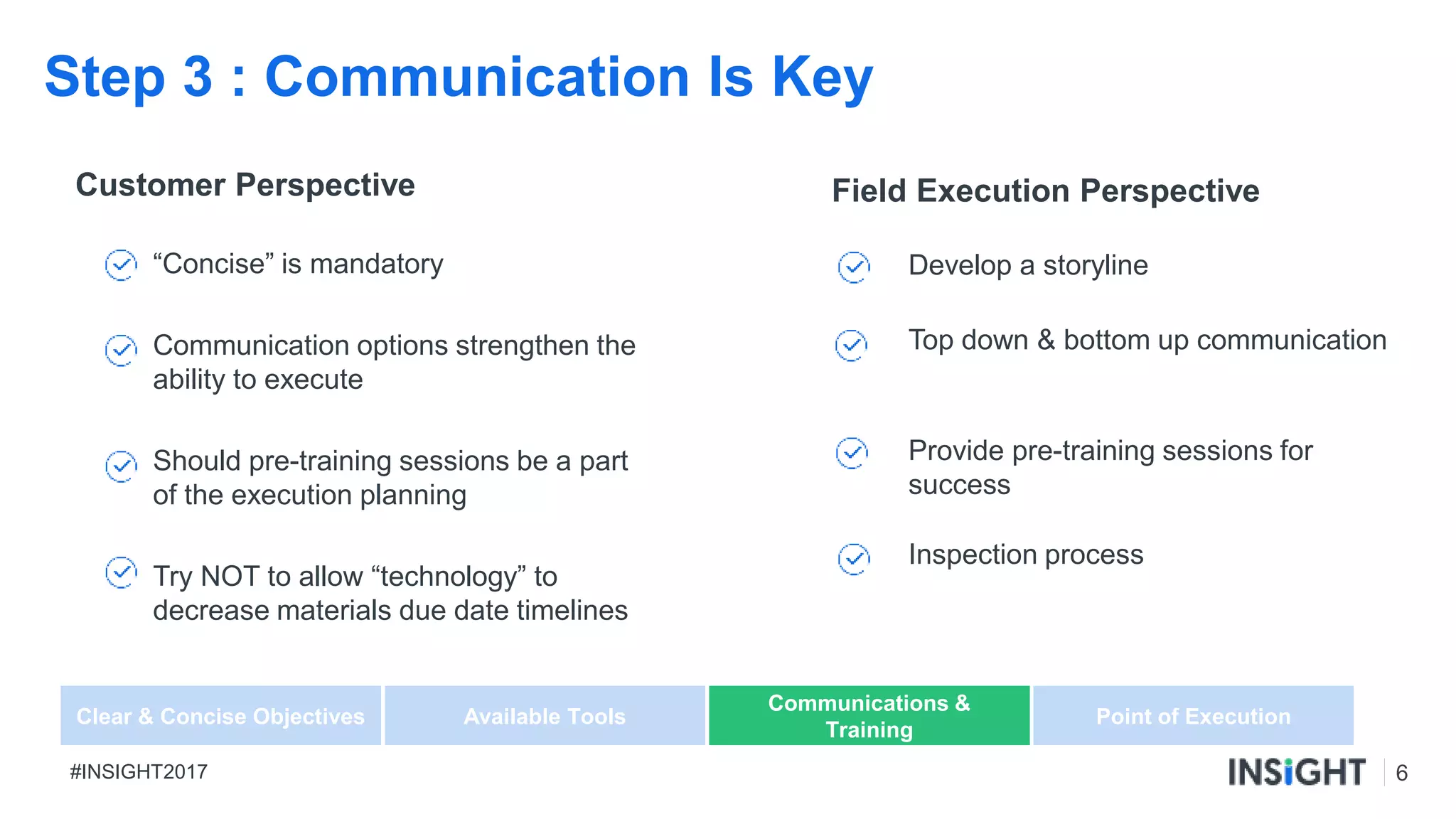 6#INSIGHT2017
Step 3 : Communication Is Key
Customer Perspective Field Execution Perspective
Point of Execution
“Concise” is mandatory
Communication options strengthen the
ability to execute
Should pre-training sessions be a part
of the execution planning
Try NOT to allow “technology” to
decrease materials due date timelines
Develop a storyline
Top down & bottom up communication
Provide pre-training sessions for
success
Inspection process
Clear & Concise Objectives Available Tools
Communications &
Training
 