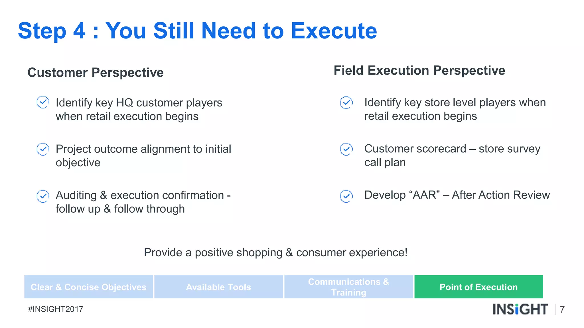 7#INSIGHT2017
Step 4 : You Still Need to Execute
Customer Perspective Field Execution Perspective
Point of Execution
Identify key HQ customer players
when retail execution begins
Project outcome alignment to initial
objective
Auditing & execution confirmation -
follow up & follow through
Identify key store level players when
retail execution begins
Customer scorecard – store survey
call plan
Develop “AAR” – After Action Review
Clear & Concise Objectives Available Tools
Communications &
Training
Provide a positive shopping & consumer experience!
 