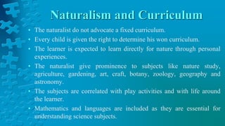 Naturalism and Curriculum
• The naturalist do not advocate a fixed curriculum.
• Every child is given the right to determine his won curriculum.
• The learner is expected to learn directly for nature through personal
experiences.
• The naturalist give prominence to subjects like nature study,
agriculture, gardening, art, craft, botany, zoology, geography and
astronomy.
• The subjects are correlated with play activities and with life around
the learner.
• Mathematics and languages are included as they are essential for
understanding science subjects.
 