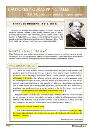 2. AUTORES Y OBRAS PRINCIPALES
2.4. Más obras y autores importantes
C HA RLES DICKENS (1812-1870)
Hablando	
   de	
   autores 	
   naturalistas	
   ingleses,	
   podemos	
   destacar	
   el	
  
novelista	
   Charles 	
   Dickens.	
   Como	
   podéis 	
   observar	
   por	
   la 	
   época,	
  
Dickens 	
  pertenecía	
  más	
  bien	
  al	
  Realismo,	
  ya 	
  que	
  falleció	
  antes 	
  de 	
  que	
  
surgiera 	
  el 	
  Naturalismo.	
   Aún	
  así,	
   podemos	
   encontrar	
   fragmentos 	
  de	
  
sus 	
  obras 	
  donde 	
  el 	
  Naturalismo	
  está 	
  presente.	
   Destacan	
   Oliver	
  Twist	
  
(1837-­‐1839)	
  y	
  A	
  Christmas	
  Carol	
  (Un	
  cuento	
  de	
  Navidad-­‐1843).

OLIVER TWIST (1812-1870)

Oliver	
  Twist	
  es	
  una	
  obra	
  realista,	
  aunque	
  <ene	
  ciertos	
  aspectos	
  que	
  se	
  pueden	
  relacionar	
  con	
  el	
  
naturalismo.	
  Ahora	
  nos	
  disponemos	
  a	
  explicar	
  mediante	
  videos	
  y	
  textos	
  algunas	
  de	
  las	
  inﬂuencias	
  
naturalistas	
  que	
  nosotros	
  hemos	
  podido	
  observar	
  en	
  esta	
  destacada	
  obra	
  de	
  Dickens:

ANALIZEMOS UN TEXTO...
[…]	
   Entre	
  los 	
  varios 	
  ediﬁcios 	
  públicos	
  de 	
  cierta 	
  ciudad,	
   que	
  por	
   muchas 	
  razones 	
  será	
  
prudente	
   que 	
  me	
  abstenga 	
  de	
   citar,	
  y	
  a 	
  la	
  que	
  no	
  he 	
  de 	
  asignar	
   ningún	
  nombre	
   ﬁc<cio,	
  
existe 	
  uno	
  común,	
  de 	
  an<guo,	
  a 	
  la	
  mayoría 	
  de	
  las 	
  ciudades,	
  grandes 	
  o	
  pequeñas;	
  a 	
  saber:	
  
el 	
  Hospicio.	
  En	
  él 	
  nació	
  un	
  día 	
  y	
  año	
  que	
  no	
  he	
  de	
  molestarme	
  en	
  repe<r,	
  pues	
  que 	
  no	
  ha	
  
de	
  tener	
  importancia	
  para 	
  el 	
  lector,	
  al	
  menos	
  en	
  este 	
  punto	
  del 	
  relato	
  el	
  ser	
  mortal	
  cuyo	
  
nombre 	
  va	
  antepuesto	
  al	
  Etulo	
  de	
  este	
  capítulo.	
  […]	
  Si	
  bien	
  no	
  estoy	
   dispuesto	
  a 	
  sostener	
  
que 	
  el 	
  haber	
   nacido	
   en	
   un	
   hospicio	
   sea,	
   por	
   sí	
   sola,	
   la 	
   circunstancia	
  más 	
   afortunada 	
  y	
  
envidiable	
   que	
   pueda 	
  acontecer	
   a 	
   un	
   ser	
   humano,	
   sí	
   he 	
   de 	
   decir	
   que,	
   en	
   este	
   caso	
  
par<cular,	
  fue	
  lo	
  mejor	
  que	
  pudo	
  haberle	
  ocurrido	
  a	
  Oliver	
  Twist.	
  […]
Tan	
  pronto	
  como	
  Oliver	
   dio	
  esta 	
  primera	
  prueba 	
  del	
  libre	
  y	
   adecuado	
  funcionamiento	
  
de	
  sus	
  pulmones	
  se 	
  agitó	
  la 	
  remendada 	
  colcha 	
  que	
  se 	
  hallaba	
  desaliñadamente	
  extendida	
  
sobre 	
  el 	
  lecho	
   de	
  hierro,	
  se 	
  alzó	
  desmayadamente 	
  sobre 	
  la 	
  almohada 	
  el 	
  rostro	
  pálido	
   de	
  
una	
  joven	
  y	
  una	
  voz	
  apagada	
  ar<culó	
  de	
  un	
  modo	
  imperfecto	
  estas	
  palabras:
¡Dejadme	
  ver	
  a	
  mi	
  hijo	
  antes	
  de	
  morir!	
  
[…]Ella 	
  apretó	
   ardientemente	
  sus 	
  pálidos 	
  labios 	
  sobre 	
  la 	
  frente	
  del 	
  niño,	
  se 	
  pasó	
  luego	
  
las 	
  manos	
  sobre	
  el	
  rostro,	
   miró	
  en	
  derredor	
  con	
  ojos 	
  extraviados,	
  se	
  estremeció,	
  cayó	
  de	
  
espaldas...	
  y	
  murió.	
  […]
Charles	
  Dickens:	
  Oliver	
  Twist
Página 15

El Naturalismo

 