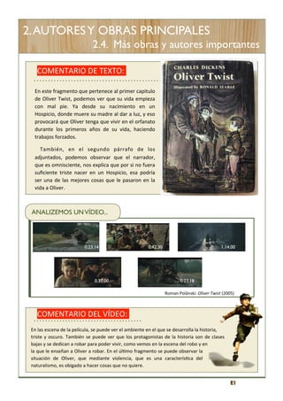 2. AUTORES Y OBRAS PRINCIPALES
2.4. Más obras y autores importantes
COMENTARIO	
  DE	
  TEXTO:	
  	
  
En	
  este 	
  fragmento	
  que	
  pertenece	
  al	
  primer	
  capitulo	
  
de	
   Oliver	
   Twist,	
  podemos 	
  ver	
  que	
  su	
  vida	
  empieza	
  
con	
   mal	
   pie.	
   Ya 	
   desde 	
   su	
   nacimiento	
   en	
   un	
  
Hospicio,	
  donde	
  muere	
  su	
  madre 	
  al 	
  dar	
  a	
  luz,	
  y	
   eso	
  
provocará 	
  que	
  Oliver	
  tenga 	
  que	
  vivir	
   en	
  el 	
  orfanato	
  
durante	
   los 	
   primeros 	
   años 	
   de	
   su	
   vida,	
   haciendo	
  
trabajos	
  forzados.
También,	
   en	
   el	
   segundo	
   párrafo	
   de 	
   los	
  
adjuntados,	
   podemos	
   observar	
   que	
   el 	
   narrador,	
  
que 	
  es 	
  omnisciente,	
  nos	
  explica	
  que 	
  por	
  si	
  no	
  fuera	
  
suﬁciente	
   triste	
   nacer	
   en	
   un	
   Hospicio,	
   esa 	
  podría	
  
ser	
   una 	
  de 	
  las	
  mejores 	
  cosas 	
  que	
  le 	
  pasaron	
   en	
  la	
  
vida	
  a	
  Oliver.

ANALIZEMOS UN VÍDEO...

0.23.14

0.37.00

0.42.30

1.14.00

0.23.18
Roman	
  Polánski:	
  Oliver	
  Twist	
  (2005)

COMENTARIO	
  DEL	
  VÍDEO:	
  	
  
En	
  las	
  escena	
  de	
  la	
  película,	
  se	
  puede	
  ver	
  el	
  ambiente	
  en	
  el	
  que	
  se	
  desarrolla	
  la	
  historia,	
  
triste	
  y	
   oscuro.	
   También	
   se	
  puede	
  ver	
  que	
  los	
  protagonistas	
   de	
   la	
  historia	
  son	
  de	
  clases	
  
bajas	
  y	
  se	
  dedican	
  a 	
  robar	
  para 	
  poder	
  vivir,	
  como	
  vemos	
  en	
  la	
  escena	
  del	
  robo	
  y 	
  en	
  
la 	
  que	
   le	
   enseñan	
   a 	
  Oliver	
   a 	
  robar.	
  En	
  el	
  úl<mo	
  fragmento	
  se	
  puede	
  observar	
  la	
  
situación	
   de	
   Oliver,	
   que	
   mediante	
   violencia,	
   que	
   es	
   una	
   caracterís<ca	
   del	
  
naturalismo,	
  es	
  obigado	
  a	
  hacer	
  cosas	
  que	
  no	
  quiere.

El

 
