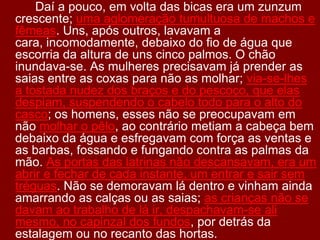 Daí a pouco, em volta das bicas era um zunzum crescente; uma aglomeração tumultuosa de machos e fêmeas. Uns, após outros, lavavam a cara, incomodamente, debaixo do fio de água que escorria da altura de uns cinco palmos. O chão inundava-se. As mulheres precisavam já prender as saias entre as coxas para não as molhar; via-se-lhes a tostada nudez dos braços e do pescoço, que elas despiam, suspendendo o cabelo todo para o alto do casco; os homens, esses não se preocupavam em não molhar o pêlo, ao contrário metiam a cabeça bem debaixo da água e esfregavam com força as ventas e as barbas, fossando e fungando contra as palmas da mão. As portas das latrinas não descansavam, era um abrir e fechar de cada instante, um entrar e sair sem tréguas. Não se demoravam lá dentro e vinham ainda amarrando as calças ou as saias; as crianças não se davam ao trabalho de lá ir, despachavam-se ali mesmo, no capinzal dos fundos, por detrás da estalagem ou no recanto das hortas. 