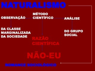 NATURALISMOMÉTODO CIENTÍFICOOBSERVAÇÃOANÁLISEDA CLASSE MARGINALIZADA DA SOCIEDADEDO GRUPO SOCIALRAZÃO CIENTÍFICANÃO-EUROMANCE SOCIOLÓGICO