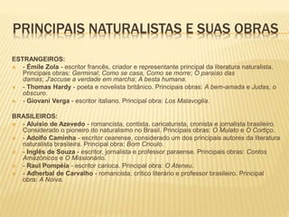 PRINCIPAIS NATURALISTAS E SUAS OBRAS
ESTRANGEIROS:
 - Émile Zola - escritor francês, criador e representante principal da literatura naturalista.
Principais obras: Germinal; Como se casa, Como se morre; O paraíso das
damas; J'accuse a verdade em marcha; A besta humana.
 - Thomas Hardy - poeta e novelista britânico. Principais obras: A bem-amada e Judas, o
obscuro.
 - Giovani Verga - escritor italiano. Principal obra: Los Malavoglia.
BRASILEIROS:
 - Aluísio de Azevedo - romancista, contista, caricaturista, cronista e jornalista brasileiro.
Considerado o pioneiro do naturalismo no Brasil. Principais obras: O Mulato e O Cortiço.
 - Adolfo Caminha - escritor cearense, considerado um dos principais autores da literatura
naturalista brasileira. Principal obra: Bom Crioulo.
 - Inglês de Souza - escritor, jornalista e professor paraense. Principais obras: Contos
Amazônicos e O Missionário.
 - Raul Pompéia - escritor carioca. Principal obra: O Ateneu.
 - Adherbal de Carvalho - romancista, crítico literário e professor brasileiro. Principal
obra: A Noiva.
 