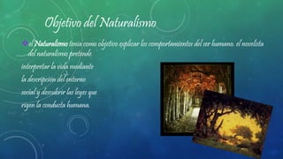 Objetivo del Naturalismo
el Naturalismo tenia como objetivo explicar los comportamientos del ser humano. el novelista
del naturalismo pretende
interpretar la vida mediante
la descripción del entorno
social y descubrir las leyes que
rigen la conducta humana.
 