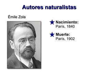 Autores naturalistasAutores naturalistas
Émile ZolaÉmile Zola
Nacimiento:
París, 1840
Muerte:
París, 1902
 