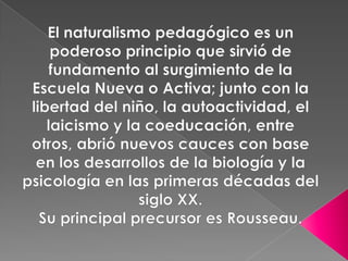 El naturalismo pedagógico es un poderoso principio que sirvió de fundamento al surgimiento de la Escuela Nueva o Activa; junto con la libertad del niño, la autoactividad, el laicismo y la coeducación, entre otros, abrió nuevos cauces con base en los desarrollos de la biología y la psicología en las primeras décadas del siglo XX. Su principal precursor es Rousseau.