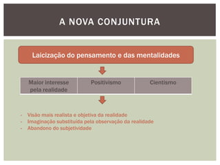 A NOVA CONJUNTURA


     Laicização do pensamento e das mentalidades


    Maior interesse          Positivismo             Cientismo
    pela realidade



-   Visão mais realista e objetiva da realidade
-   Imaginação substituída pela observação da realidade
-   Abandono do subjetividade
 