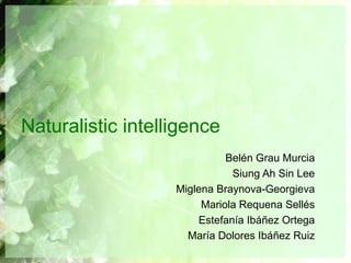 Naturalistic intelligence
Belén Grau Murcia
Siung Ah Sin Lee
Miglena Braynova-Georgieva
Mariola Requena Sellés
Estefanía Ibáñez Ortega
María Dolores Ibáñez Ruiz
 