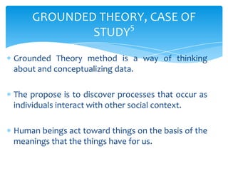 GROUNDED THEORY, CASE OF
5
STUDY
Grounded Theory method is a way of thinking
about and conceptualizing data.
The propose is to discover processes that occur as
individuals interact with other social context.
Human beings act toward things on the basis of the
meanings that the things have for us.

 