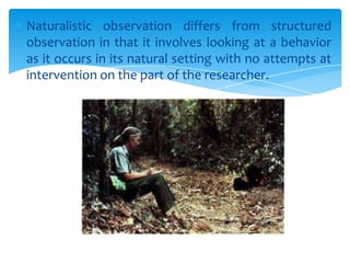 Naturalistic observation differs from structured
observation in that it involves looking at a behavior
as it occurs in its natural setting with no attempts at
intervention on the part of the researcher.

 