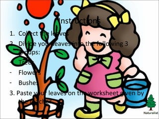 Instructions
1. Collect the leaves
2. Divide your leaves into the following 3
groups:
- Trees
- Flowers
- Bushes
3. Paste your leaves on the worksheet given by
the teacher.
 