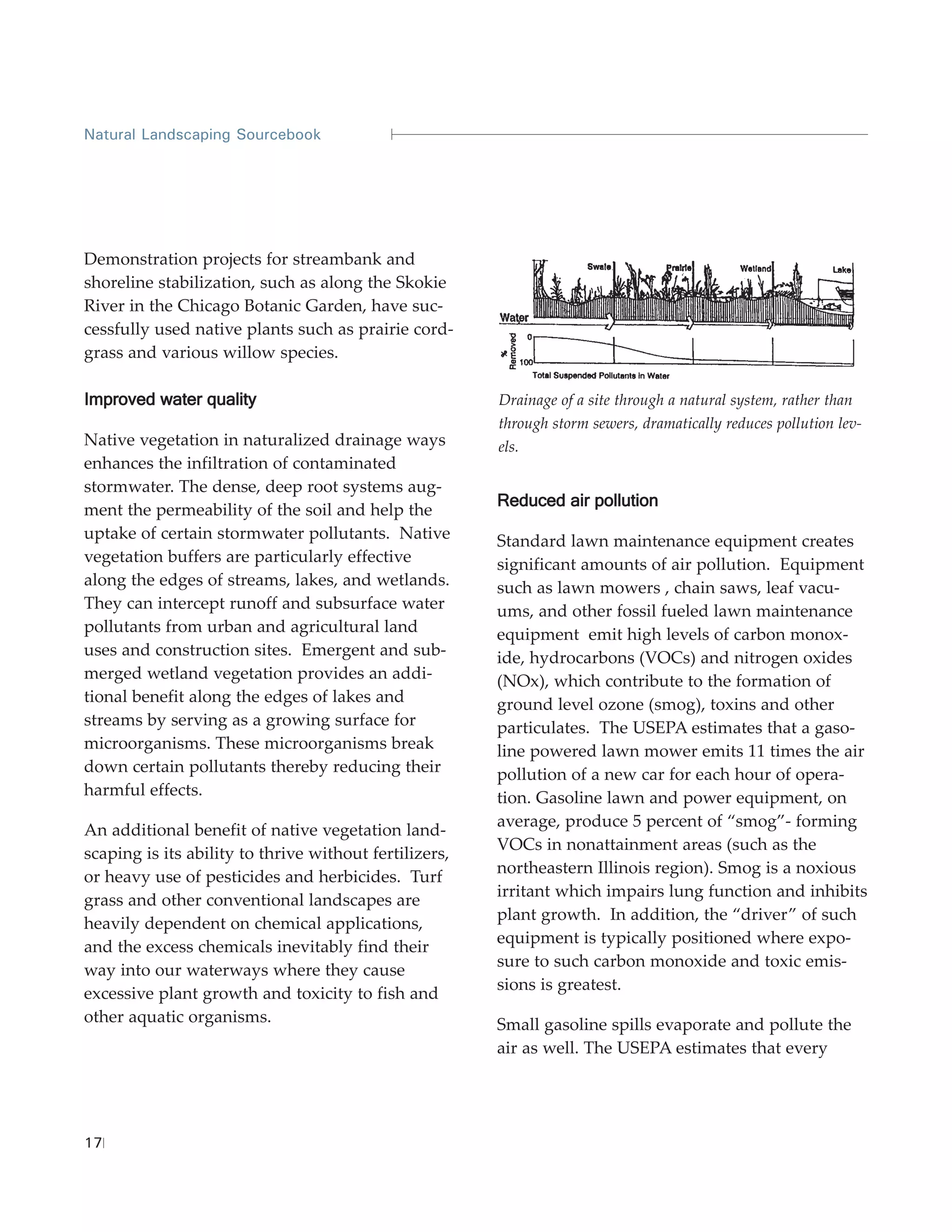 Natural Landscaping Sourcebook




Demonstration projects for streambank and
shoreline stabilization, such as along the Skokie
River in the Chicago Botanic Garden, have suc-
cessfully used native plants such as prairie cord-
grass and various willow species.

Improved water quality                                  Drainage of a site through a natural system, rather than
                                                        through storm sewers, dramatically reduces pollution lev-
Native vegetation in naturalized drainage ways          els.
enhances the infiltration of contaminated
stormwater. The dense, deep root systems aug-
                                                        Reduced air pollution
ment the permeability of the soil and help the
uptake of certain stormwater pollutants. Native         Standard lawn maintenance equipment creates
vegetation buffers are particularly effective           significant amounts of air pollution. Equipment
along the edges of streams, lakes, and wetlands.        such as lawn mowers , chain saws, leaf vacu-
They can intercept runoff and subsurface water          ums, and other fossil fueled lawn maintenance
pollutants from urban and agricultural land             equipment emit high levels of carbon monox-
uses and construction sites. Emergent and sub-          ide, hydrocarbons (VOCs) and nitrogen oxides
merged wetland vegetation provides an addi-             (NOx), which contribute to the formation of
tional benefit along the edges of lakes and             ground level ozone (smog), toxins and other
streams by serving as a growing surface for             particulates. The USEPA estimates that a gaso-
microorganisms. These microorganisms break              line powered lawn mower emits 11 times the air
down certain pollutants thereby reducing their          pollution of a new car for each hour of opera-
harmful effects.                                        tion. Gasoline lawn and power equipment, on
                                                        average, produce 5 percent of “smog”- forming
An additional benefit of native vegetation land-
                                                        VOCs in nonattainment areas (such as the
scaping is its ability to thrive without fertilizers,
                                                        northeastern Illinois region). Smog is a noxious
or heavy use of pesticides and herbicides. Turf
                                                        irritant which impairs lung function and inhibits
grass and other conventional landscapes are
                                                        plant growth. In addition, the “driver” of such
heavily dependent on chemical applications,
                                                        equipment is typically positioned where expo-
and the excess chemicals inevitably find their
                                                        sure to such carbon monoxide and toxic emis-
way into our waterways where they cause
                                                        sions is greatest.
excessive plant growth and toxicity to fish and
other aquatic organisms.                                Small gasoline spills evaporate and pollute the
                                                        air as well. The USEPA estimates that every




17
 