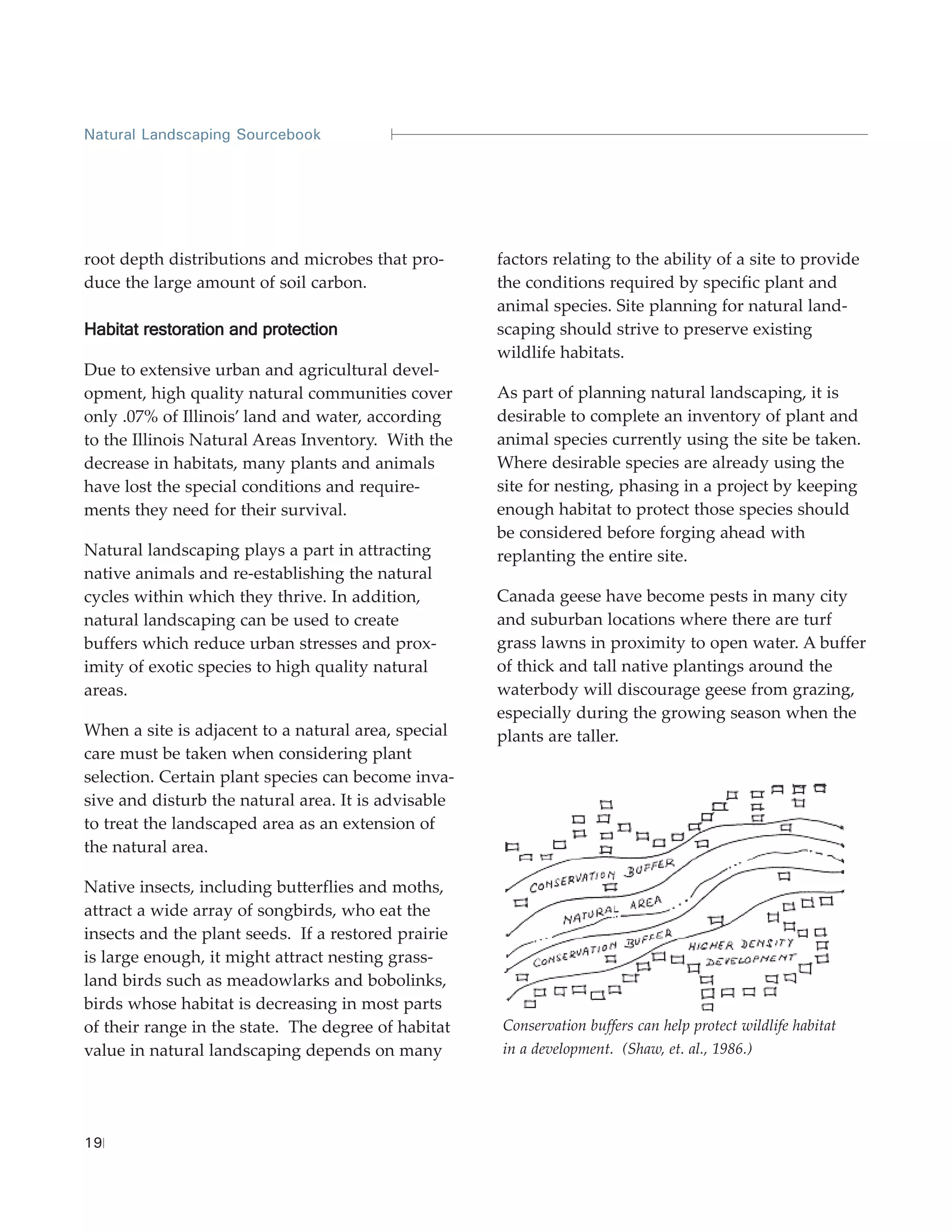 Natural Landscaping Sourcebook




root depth distributions and microbes that pro-      factors relating to the ability of a site to provide
duce the large amount of soil carbon.                the conditions required by specific plant and
                                                     animal species. Site planning for natural land-
Habitat restoration and protection                   scaping should strive to preserve existing
                                                     wildlife habitats.
Due to extensive urban and agricultural devel-
opment, high quality natural communities cover       As part of planning natural landscaping, it is
only .07% of Illinois’ land and water, according     desirable to complete an inventory of plant and
to the Illinois Natural Areas Inventory. With the    animal species currently using the site be taken.
decrease in habitats, many plants and animals        Where desirable species are already using the
have lost the special conditions and require-        site for nesting, phasing in a project by keeping
ments they need for their survival.                  enough habitat to protect those species should
                                                     be considered before forging ahead with
Natural landscaping plays a part in attracting       replanting the entire site.
native animals and re-establishing the natural
cycles within which they thrive. In addition,        Canada geese have become pests in many city
natural landscaping can be used to create            and suburban locations where there are turf
buffers which reduce urban stresses and prox-        grass lawns in proximity to open water. A buffer
imity of exotic species to high quality natural      of thick and tall native plantings around the
areas.                                               waterbody will discourage geese from grazing,
                                                     especially during the growing season when the
When a site is adjacent to a natural area, special   plants are taller.
care must be taken when considering plant
selection. Certain plant species can become inva-
sive and disturb the natural area. It is advisable
to treat the landscaped area as an extension of
the natural area.

Native insects, including butterflies and moths,
attract a wide array of songbirds, who eat the
insects and the plant seeds. If a restored prairie
is large enough, it might attract nesting grass-
land birds such as meadowlarks and bobolinks,
birds whose habitat is decreasing in most parts
of their range in the state. The degree of habitat   Conservation buffers can help protect wildlife habitat
value in natural landscaping depends on many         in a development. (Shaw, et. al., 1986.)




19
 