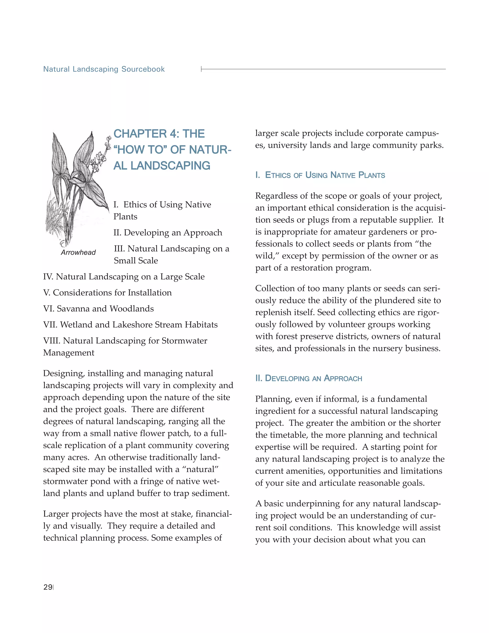 Natural Landscaping Sourcebook




                  CHAPTER 4: THE                     larger scale projects include corporate campus-
                                                     es, university lands and large community parks.
                  “HOW TO” OF NATUR -
                  AL LANDSCAPING
                                                     I. ETHICS   OF   USING NATIVE PLANTS

                                                     Regardless of the scope or goals of your project,
                  I. Ethics of Using Native          an important ethical consideration is the acquisi-
                  Plants                             tion seeds or plugs from a reputable supplier. It
                  II. Developing an Approach         is inappropriate for amateur gardeners or pro-
                                                     fessionals to collect seeds or plants from “the
     Arrowhead    III. Natural Landscaping on a
                                                     wild,” except by permission of the owner or as
                  Small Scale
                                                     part of a restoration program.
IV. Natural Landscaping on a Large Scale
V. Considerations for Installation                   Collection of too many plants or seeds can seri-
                                                     ously reduce the ability of the plundered site to
VI. Savanna and Woodlands                            replenish itself. Seed collecting ethics are rigor-
VII. Wetland and Lakeshore Stream Habitats           ously followed by volunteer groups working
                                                     with forest preserve districts, owners of natural
VIII. Natural Landscaping for Stormwater
                                                     sites, and professionals in the nursery business.
Management

Designing, installing and managing natural
                                                     II. DEVELOPING    AN   APPROACH
landscaping projects will vary in complexity and
approach depending upon the nature of the site       Planning, even if informal, is a fundamental
and the project goals. There are different           ingredient for a successful natural landscaping
degrees of natural landscaping, ranging all the      project. The greater the ambition or the shorter
way from a small native flower patch, to a full-     the timetable, the more planning and technical
scale replication of a plant community covering      expertise will be required. A starting point for
many acres. An otherwise traditionally land-         any natural landscaping project is to analyze the
scaped site may be installed with a “natural”        current amenities, opportunities and limitations
stormwater pond with a fringe of native wet-         of your site and articulate reasonable goals.
land plants and upland buffer to trap sediment.
                                                     A basic underpinning for any natural landscap-
Larger projects have the most at stake, financial-   ing project would be an understanding of cur-
ly and visually. They require a detailed and         rent soil conditions. This knowledge will assist
technical planning process. Some examples of         you with your decision about what you can




29
 