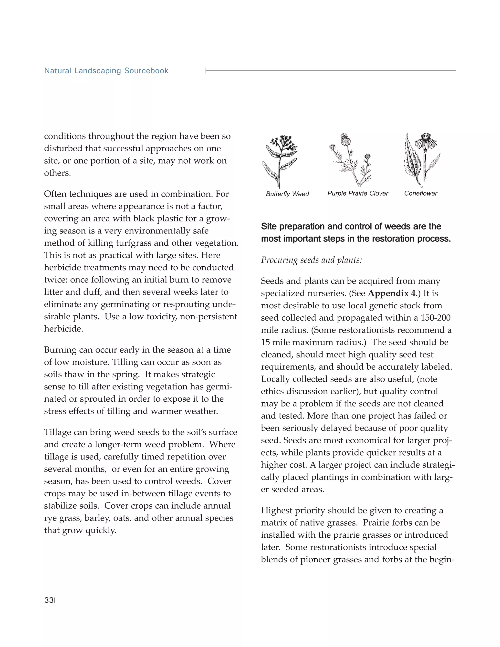 Natural Landscaping Sourcebook




conditions throughout the region have been so
disturbed that successful approaches on one
site, or one portion of a site, may not work on
others.

Often techniques are used in combination. For         Butterfly Weed   Purple Prairie Clover   Coneflower

small areas where appearance is not a factor,
covering an area with black plastic for a grow-
ing season is a very environmentally safe            Site preparation and control of weeds are the
method of killing turfgrass and other vegetation.    most important steps in the restoration process.
This is not as practical with large sites. Here
                                                     Procuring seeds and plants:
herbicide treatments may need to be conducted
twice: once following an initial burn to remove      Seeds and plants can be acquired from many
litter and duff, and then several weeks later to     specialized nurseries. (See Appendix 4.) It is
eliminate any germinating or resprouting unde-       most desirable to use local genetic stock from
sirable plants. Use a low toxicity, non-persistent   seed collected and propagated within a 150-200
herbicide.                                           mile radius. (Some restorationists recommend a
                                                     15 mile maximum radius.) The seed should be
Burning can occur early in the season at a time
                                                     cleaned, should meet high quality seed test
of low moisture. Tilling can occur as soon as
                                                     requirements, and should be accurately labeled.
soils thaw in the spring. It makes strategic
                                                     Locally collected seeds are also useful, (note
sense to till after existing vegetation has germi-
                                                     ethics discussion earlier), but quality control
nated or sprouted in order to expose it to the
                                                     may be a problem if the seeds are not cleaned
stress effects of tilling and warmer weather.
                                                     and tested. More than one project has failed or
Tillage can bring weed seeds to the soil’s surface   been seriously delayed because of poor quality
and create a longer-term weed problem. Where         seed. Seeds are most economical for larger proj-
tillage is used, carefully timed repetition over     ects, while plants provide quicker results at a
several months, or even for an entire growing        higher cost. A larger project can include strategi-
season, has been used to control weeds. Cover        cally placed plantings in combination with larg-
crops may be used in-between tillage events to       er seeded areas.
stabilize soils. Cover crops can include annual
                                                     Highest priority should be given to creating a
rye grass, barley, oats, and other annual species
                                                     matrix of native grasses. Prairie forbs can be
that grow quickly.
                                                     installed with the prairie grasses or introduced
                                                     later. Some restorationists introduce special
                                                     blends of pioneer grasses and forbs at the begin-



33
 