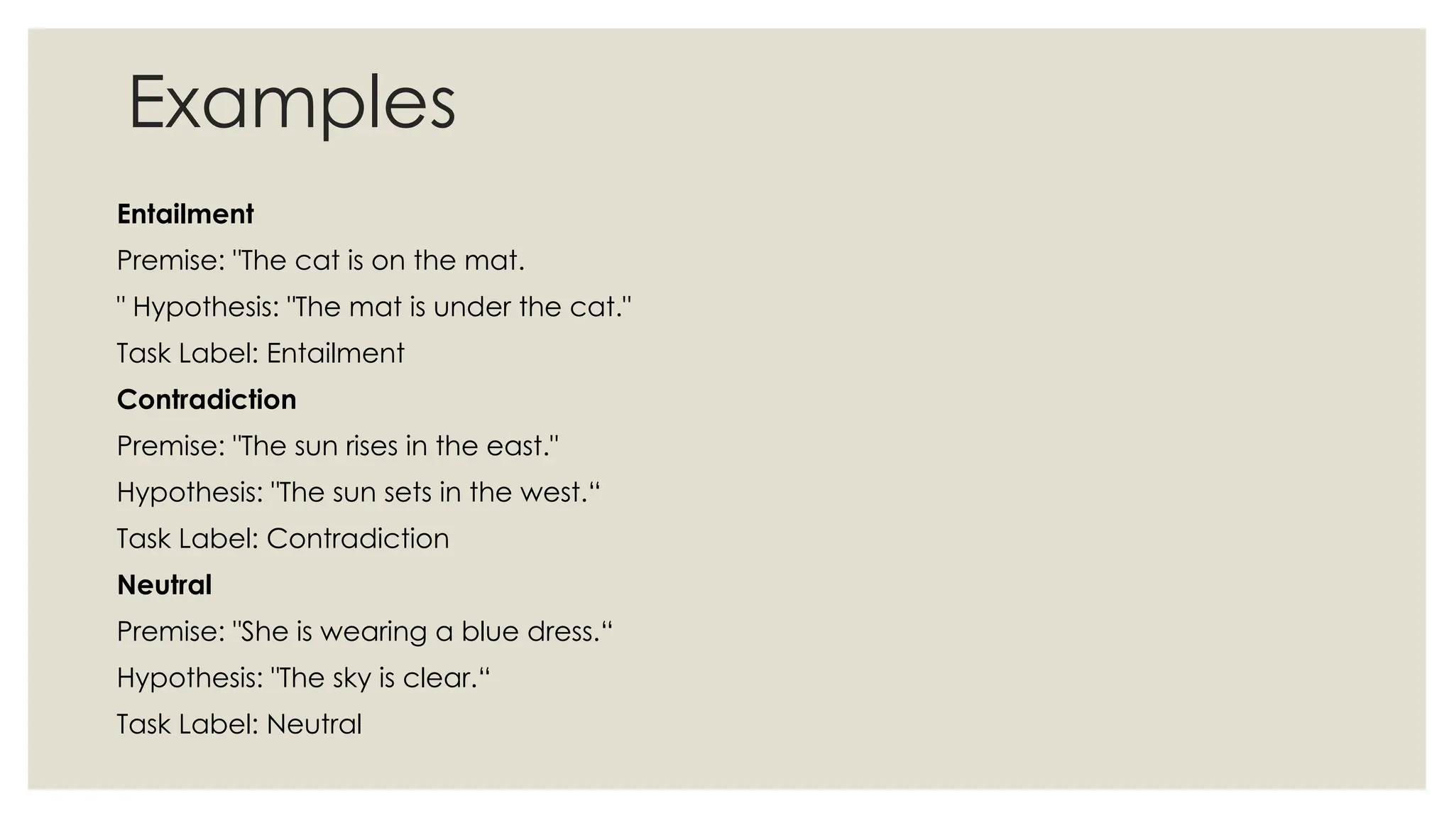 Examples
Entailment
Premise: "The cat is on the mat.
" Hypothesis: "The mat is under the cat."
Task Label: Entailment
Contradiction
Premise: "The sun rises in the east."
Hypothesis: "The sun sets in the west.“
Task Label: Contradiction
Neutral
Premise: "She is wearing a blue dress.“
Hypothesis: "The sky is clear.“
Task Label: Neutral
 