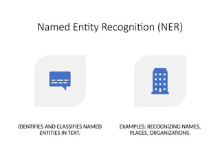 Named Entity Recognition (NER)
IDENTIFIES AND CLASSIFIES NAMED
ENTITIES IN TEXT.
EXAMPLES: RECOGNIZING NAMES,
PLACES, ORGANIZATIONS.
 