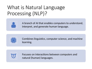 What is Natural Language
Processing (NLP)?
A branch of AI that enables computers to understand,
interpret, and generate human language.
Combines linguistics, computer science, and machine
learning.
Focuses on interactions between computers and
natural (human) languages.
 