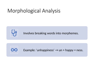 Morphological Analysis
Involves breaking words into morphemes.
Example: 'unhappiness' → un + happy + ness.
 