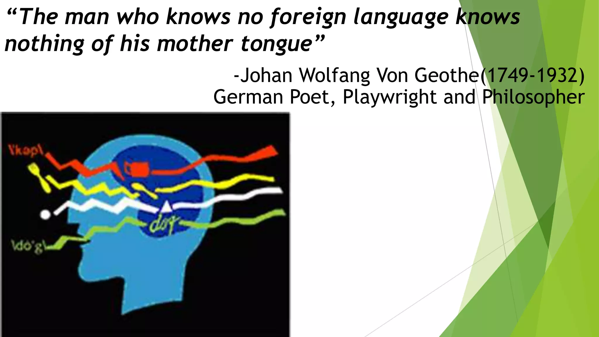 “The man who knows no foreign language knows
nothing of his mother tongue”
-Johan Wolfang Von Geothe(1749-1932)
German Poet, Playwright and Philosopher

 