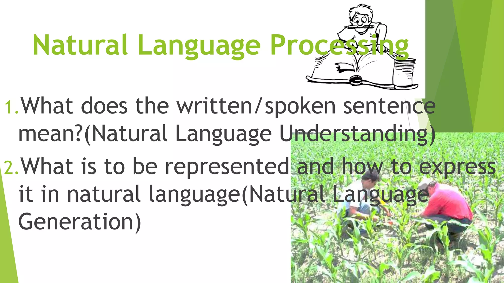 Natural Language Processing
1.What

does the written/spoken sentence
mean?(Natural Language Understanding)
2.What is to be represented and how to express
it in natural language(Natural Language
Generation)

 