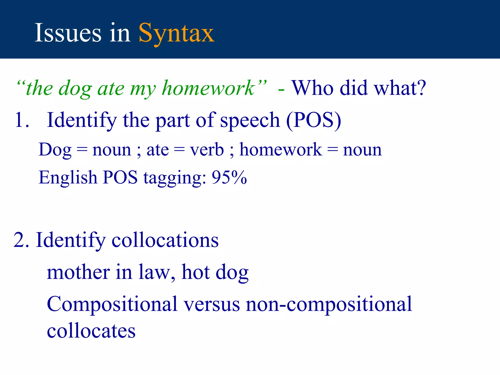 Issues in Syntax
“the dog ate my homework” - Who did what?
1. Identify the part of speech (POS)
Dog = noun ; ate = verb ; homework = noun
English POS tagging: 95%
2. Identify collocations
mother in law, hot dog
Compositional versus non-compositional
collocates
 