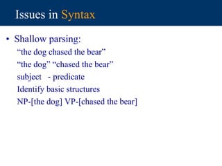 Issues in Syntax
• Shallow parsing:
“the dog chased the bear”
“the dog” “chased the bear”
subject - predicate
Identify basic structures
NP-[the dog] VP-[chased the bear]
 