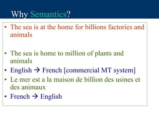 • The sea is at the home for billions factories and
animals
• The sea is home to million of plants and
animals
• English  French [commercial MT system]
• Le mer est a la maison de billion des usines et
des animaux
• French  English
Why Semantics?
 