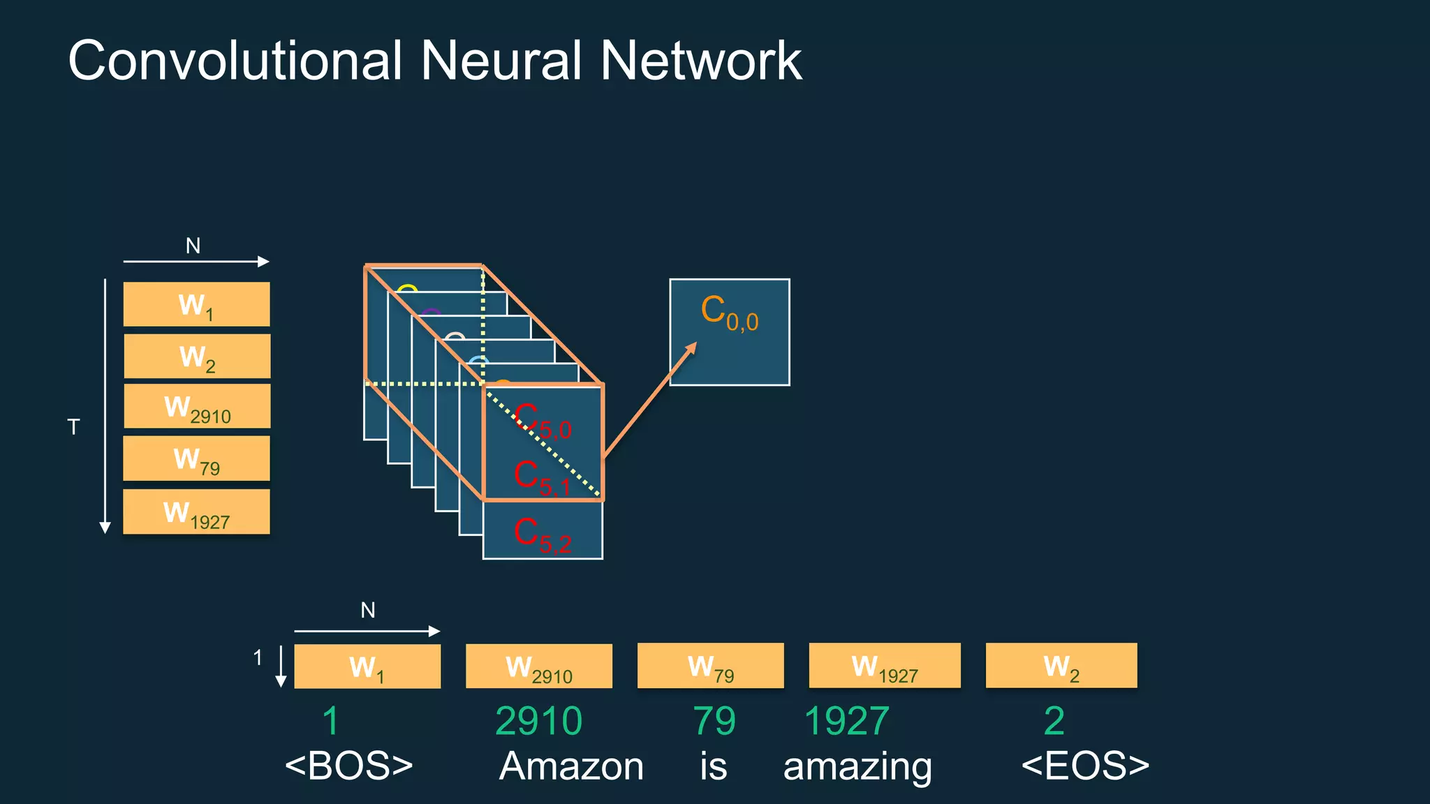 Convolutional Neural Network
<BOS> Amazon is amazing <EOS>
W2910 W79 W1927W1 W2
W2910
W79
W2
W1927
W1
N
1
N
T
1 2910 79 1927 2
C0,0
C0,1
C0,2
C0,0
C0,1
C0,2
C0,0
C0,1
C0,2
C0,0
C0,1
C0,2
C0,0
C0,1
C0,2
C5,0
C5,1
C5,2
C0,0
 