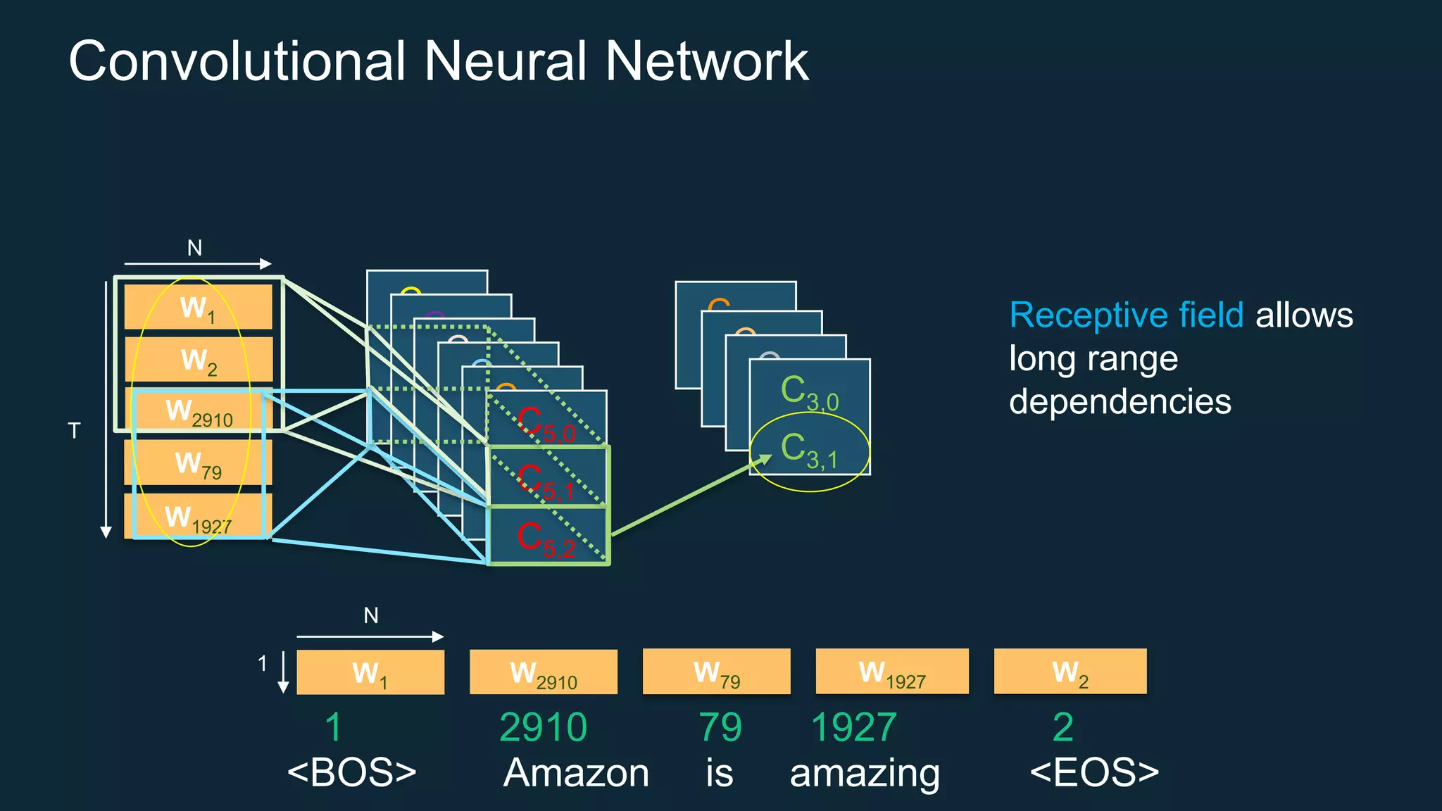 Convolutional Neural Network
<BOS> Amazon is amazing <EOS>
W2910 W79 W1927W1 W2
W2910
W79
W2
W1927
W1
N
1
N
T
1 2910 79 1927 2
C0,0
C0,1
C0,2
C0,0
C0,1
C0,2
C0,0
C0,1
C0,2
C0,0
C0,1
C0,2
C0,0
C0,1
C0,2
C5,0
C5,1
C5,2
C0,0
C0,0
C0,1
C0,0
C0,1
C3,0
C3,1
Receptive field allows
long range
dependencies
 