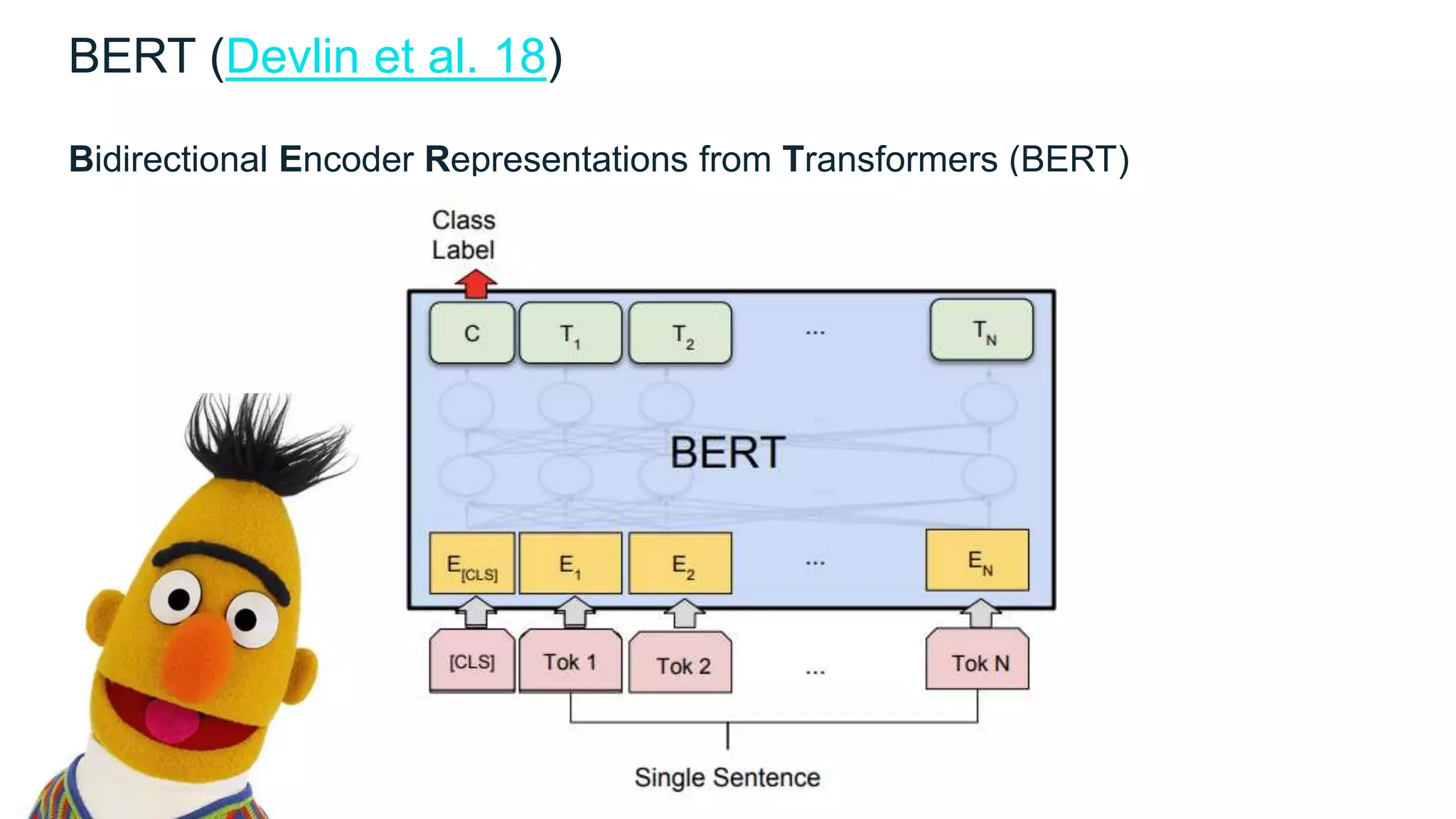 BERT (Devlin et al. 18)
Bidirectional Encoder Representations from Transformers (BERT)
 