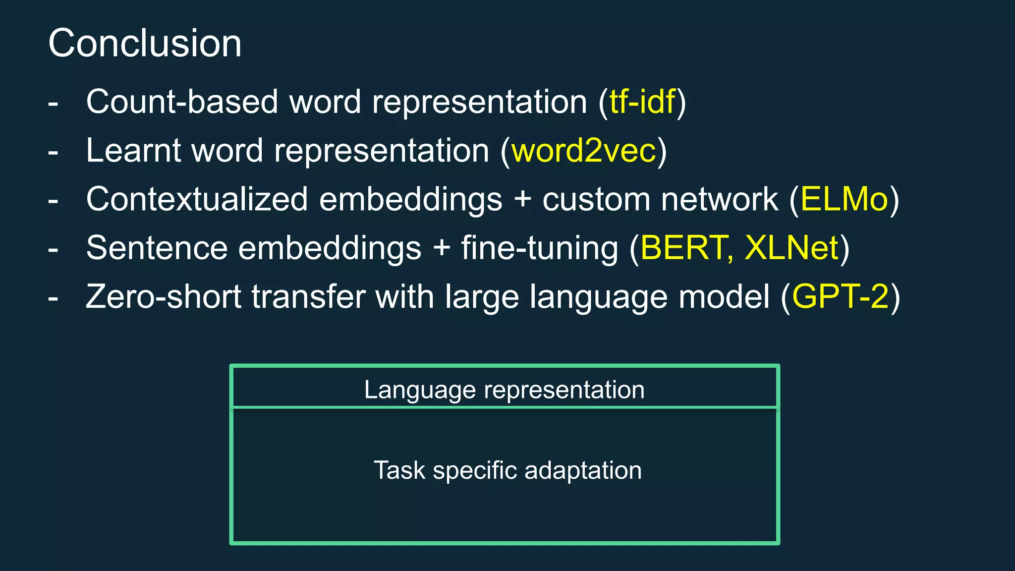 Conclusion
- Count-based word representation (tf-idf)
- Learnt word representation (word2vec)
- Contextualized embeddings + custom network (ELMo)
- Sentence embeddings + fine-tuning (BERT, XLNet)
- Zero-short transfer with large language model (GPT-2)
Language representation
Task specific adaptation
 