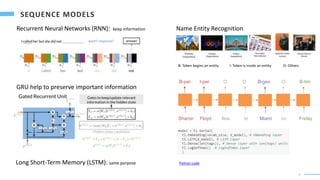 3
Recurrent Neural Networks (RNN): keep information
Python code
want? response?
GRU help to preserve important information
Long Short-Term Memory (LSTM): same purpose
Name Entity Recognition
B: Token begins an entity I: Token is inside an entity O: Others
Sharon Floyd flew to Miami on Friday
B-per I-per O O B-geo O B-tim
 