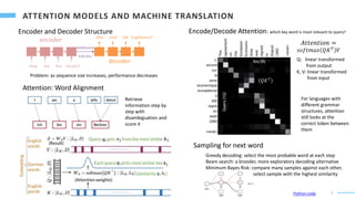 4
Encoder and Decoder Structure
encoder
decoder
How are the results?
Wie sind die Ergebnisse?
Problem: as sequence size increases, performance decreases
Attention: Word Alignment
bottleneck
Retrieve
information step by
step with
disambiguation and
score it
Encode/Decode Attention: which key word is most relevant to query?
For languages with
different grammar
structures, attention
still looks at the
correct token between
them
Sampling for next word
Greedy decoding: select the most probable word at each step
Beam search: a brooder, more exploratory decoding alternative
Minimum Bayes Risk: compare many samples against each other,
select sample with the highest similarity
Python code
Info loss
Key (K)
Query
(!Q)
𝐴𝑡𝑡𝑒𝑛𝑡𝑖𝑜𝑛 =
𝑠𝑜𝑓𝑡𝑚𝑎𝑥 𝑄𝐾𝑇
𝑉
𝑄𝐾𝑇
Q: linear transformed
from output
K, V: linear transformed
from input
 