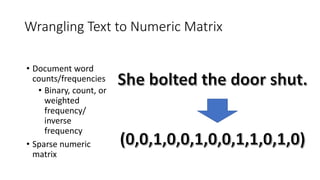 Wrangling Text to Numeric Matrix
• Document word
counts/frequencies
• Binary, count, or
weighted
frequency/
inverse
frequency
• Sparse numeric
matrix
 